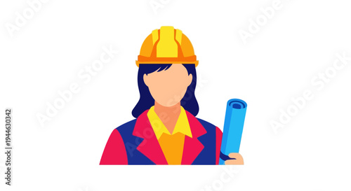 Female architect or engineer with blueprint, safety helmet, conceptual illustration