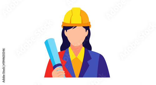 Female architect or engineer with blueprint, wearing hard hat and safety vest