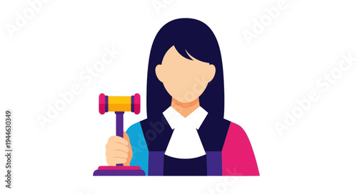 Female Judge Holding Gavel, Justice and Law Concept, Flat Vector Illustration