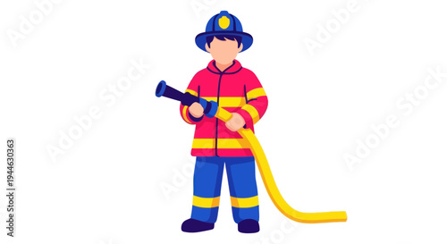 Firefighter holding a hose, ready for action, safety profession, cartoon style