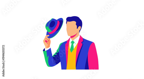 Man in Colorful Suit Tipping Hat, Abstract Business Style