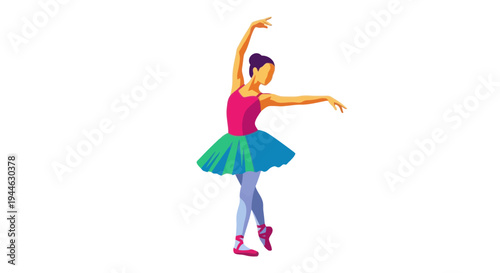 Ballerina Dancing Gracefully in Colorful Tutu and Pointe Shoes on White Background