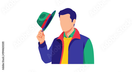 Man tipping hat, greeting, friendly gesture, vector illustration