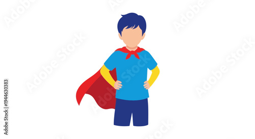 Young Boy Superhero Standing Proudly with Red Cape and Blue Outfit