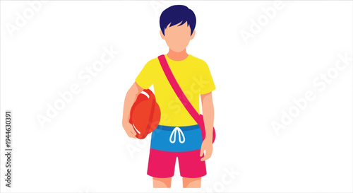 Young male lifeguard uniform, holding rescue buoy, ready for duty at beach or pool