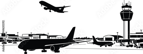 Black silhouette of airport terminal with commercial airplanes on runway control tower and hangar for aviation transport concept