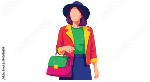 Stylish Woman with Hat and Handbag, Modern Flat Illustration