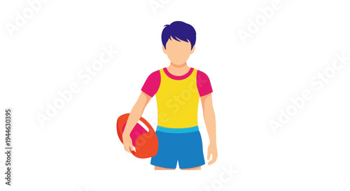 Boy holding rugby ball, wearing yellow and pink shirt, blue shorts, isolated on white