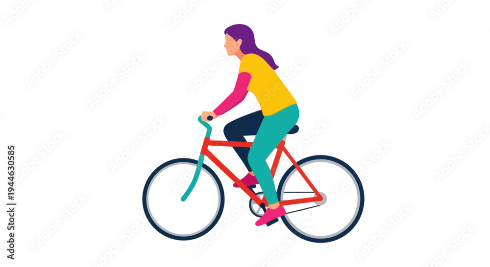 Fototapeta premium Woman Cycling on Bicycle, Active Lifestyle, Vector Illustration