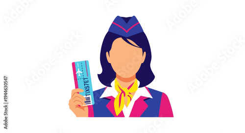 Flight attendant with airplane ticket, travel concept illustration