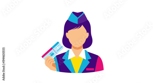 Flight Attendant Holding Airplane Ticket, Travel Icon, Vector Illustration