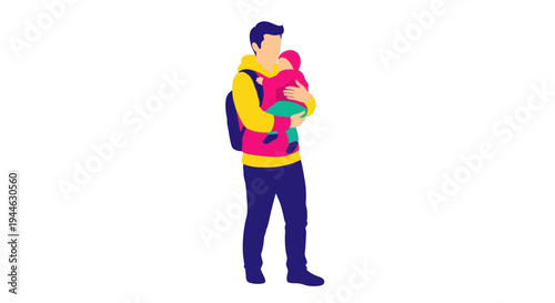 Father Carrying Baby in Carrier, Modern Flat Illustration, Parenting Concept