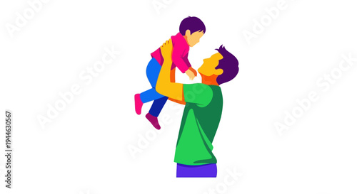 Father lifting child in arms, happy family, fatherhood, playful parent, love, connection, joy, flat illustration