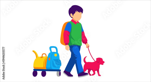 Boy walking dog with backpack and wheeled bag, back to school concept