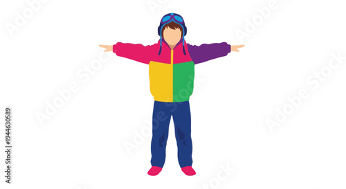 Child in colorful winter jacket and pilot hat with arms outstretched