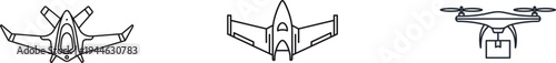 Detailed drone views from multiple angles in a line drawing style