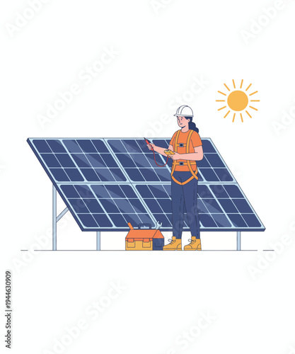 Solar panel technician installing renewable energy system vector illustration flat design