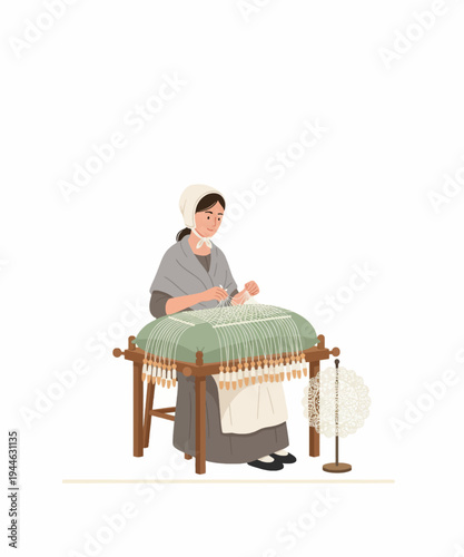 Amish woman weaving on loom traditional craft textile flat design vector illustration