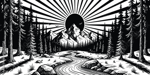 Mountain forest landscape illustration with river and sunrise rays, vintage nature engraving style wilderness scene isolated background