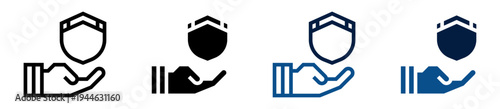 Iconos de protección. Mano sosteniendo escudo. Defensa personal, seguridad confiable y resguardo preventivo. Ilustración vectorial