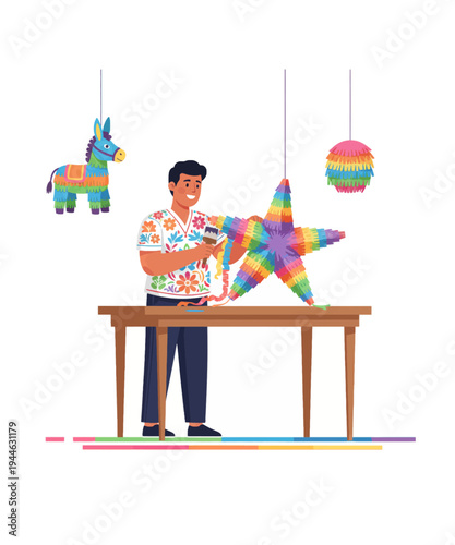 Man holding colorful pinata star with hanging pinatas vector illustration
