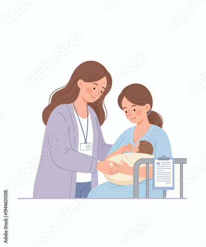 Female doctor examining baby with clipboard vector illustration flat design