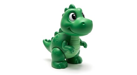 A green plastic toy dinosaur with a smiling face stands alone