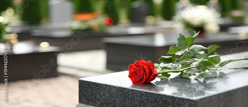 Close-up of a red rose placed on a granite tombstone in a cemetery with blurred headstones in the background