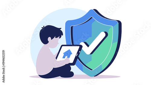 Child Using Tablet with Home Security Icon illustration
