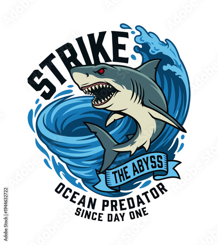 Vibrant illustration of a fierce shark surrounded by powerful ocean waves showcasing its predatory nature and strength while conveying a sense of adventure and ocean exploration T-shirt Design