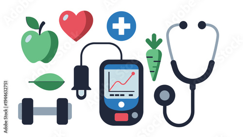 Healthy Lifestyle and Diabetes Management Icon Set illustration