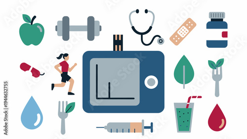 Diabetes Awareness and Healthy Lifestyle Icons illustration