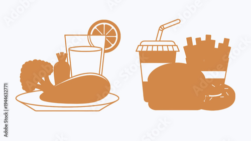 Healthy Food vs. Unhealthy Fast Food Silhouette Concept illustration