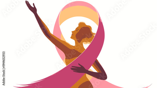 Woman Embracing Pink Ribbon Cancer Awareness Concept illustration