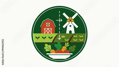 Farm to Table Concept Barn Windmill and Harvested Vegetables illustration