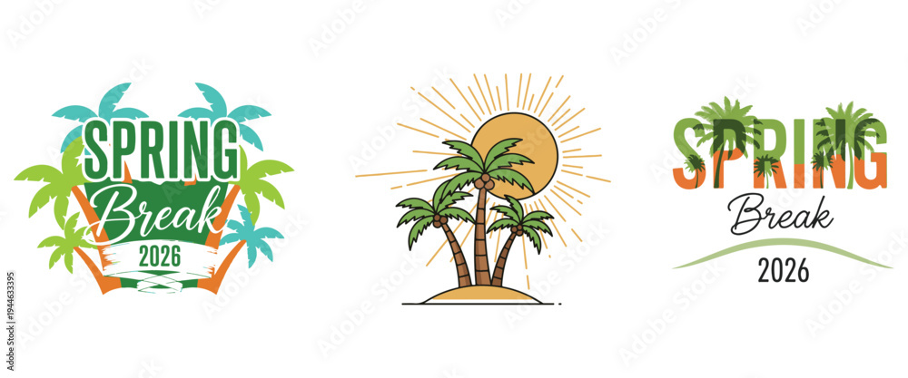 Fototapeta premium Three spring break themed designs featuring palm trees sun and text for the year 2026