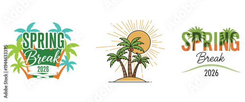 Three spring break themed designs featuring palm trees sun and text for the year 2026