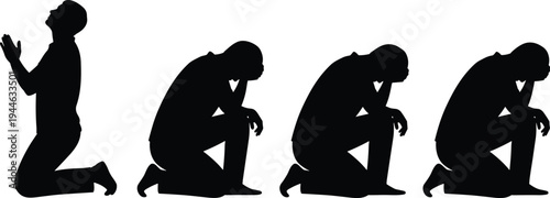 Silhouette of man kneeling in prayer transitioning into multiple stages of depression despair and grief representing mental health struggle exhaustion and spiritual crisis