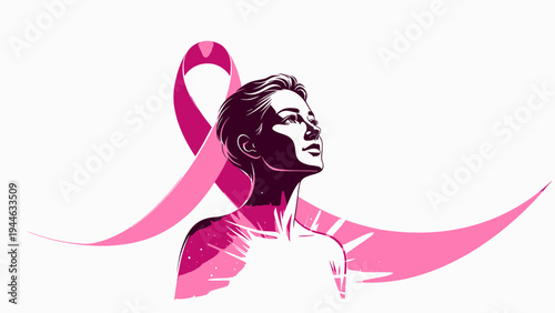Woman Looking Up With Pink Ribbon for Breast Cancer Awareness illustration