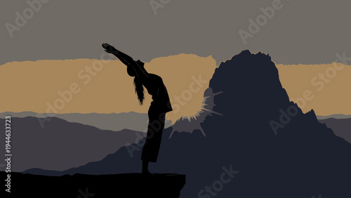 Woman Performing Yoga at Sunrise on Mountain vector illustration