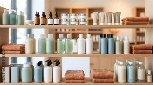 Beauty care products on wooden shelves featuring various bottles of lotion serum and shampoo with folded brown towels in bright modern retail store or spa interior focused on skincare and wellness