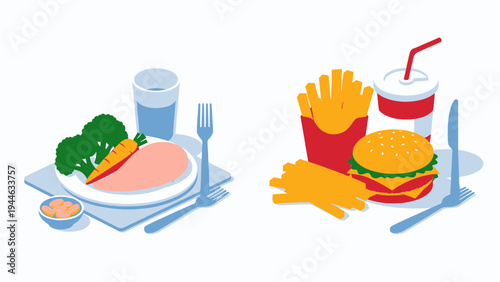 Healthy Food vs. Unhealthy Fast Food Comparison illustration