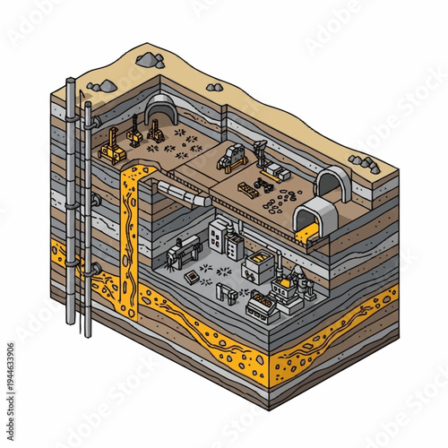 Isometric Cross-Sectional View of Underground Geothermal Power Plant.