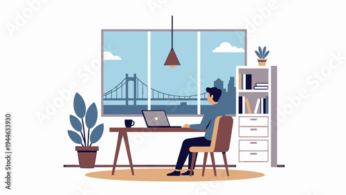 Man Working From Home Office with City View illustration