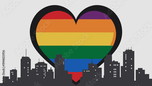 Rainbow Heart and City Skyline Representing LGBTQ+ Pride illustration