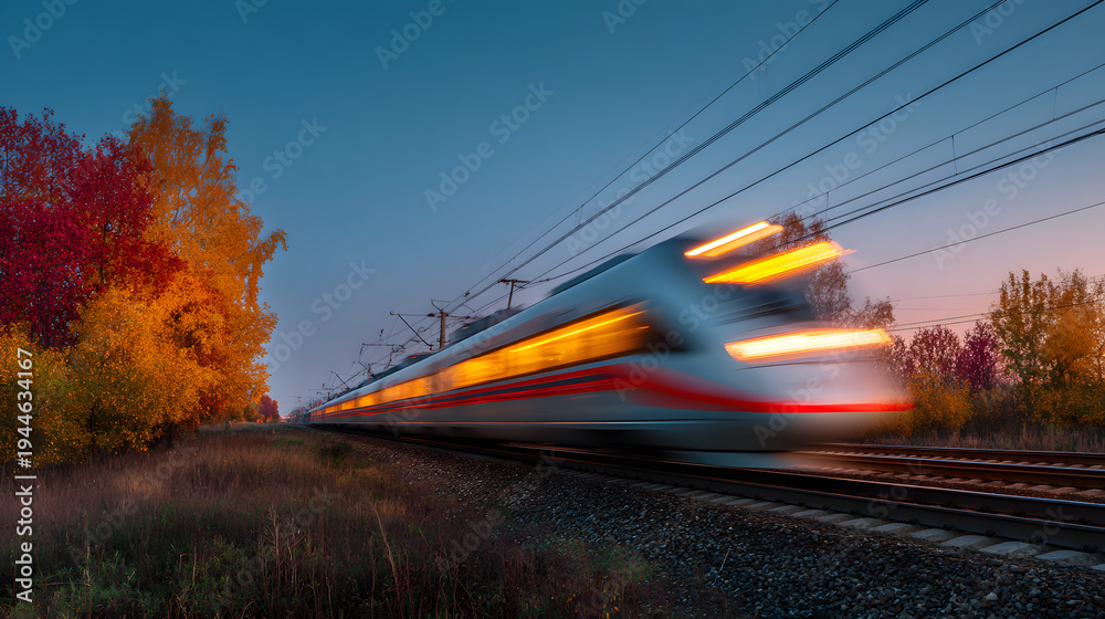 © Thisisbest - Modern Passenger Train Speeding Through Autumn Landscape at Dusk with Blurred Motion Effect © Thisisbest - Modern Passenger Train Speeding Through Autumn Landscape at Dusk with Blurred Motion Effect