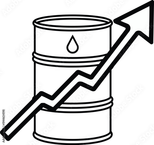 Rising oil prices icon with barrel and upward trend arrow, minimalist line art