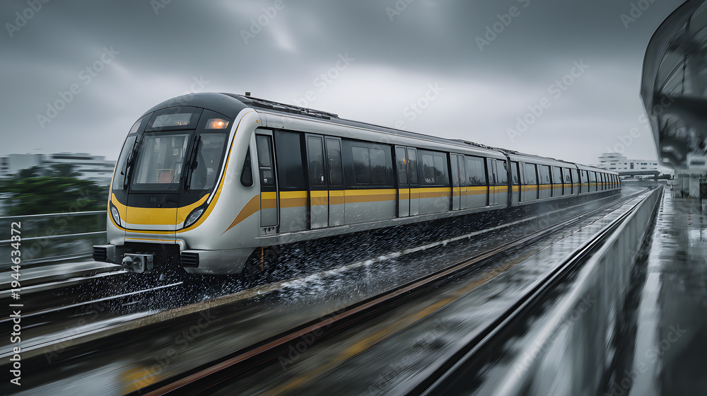 Fototapeta premium High-Speed Contemporary Passenger Train Speeding Along Urban Environment on Rainy Day