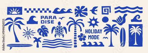 Tropical beach icon set with palm trees, waves, sun, turtle, surfboard and summer travel symbols. Minimal vector collection for holiday, paradise and ocean themes.
