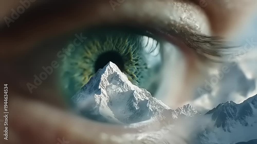 Visual Symphony: A Human Eye Reflecting a Majestic Mountain Landscape and the Essence of Inner Visionscape